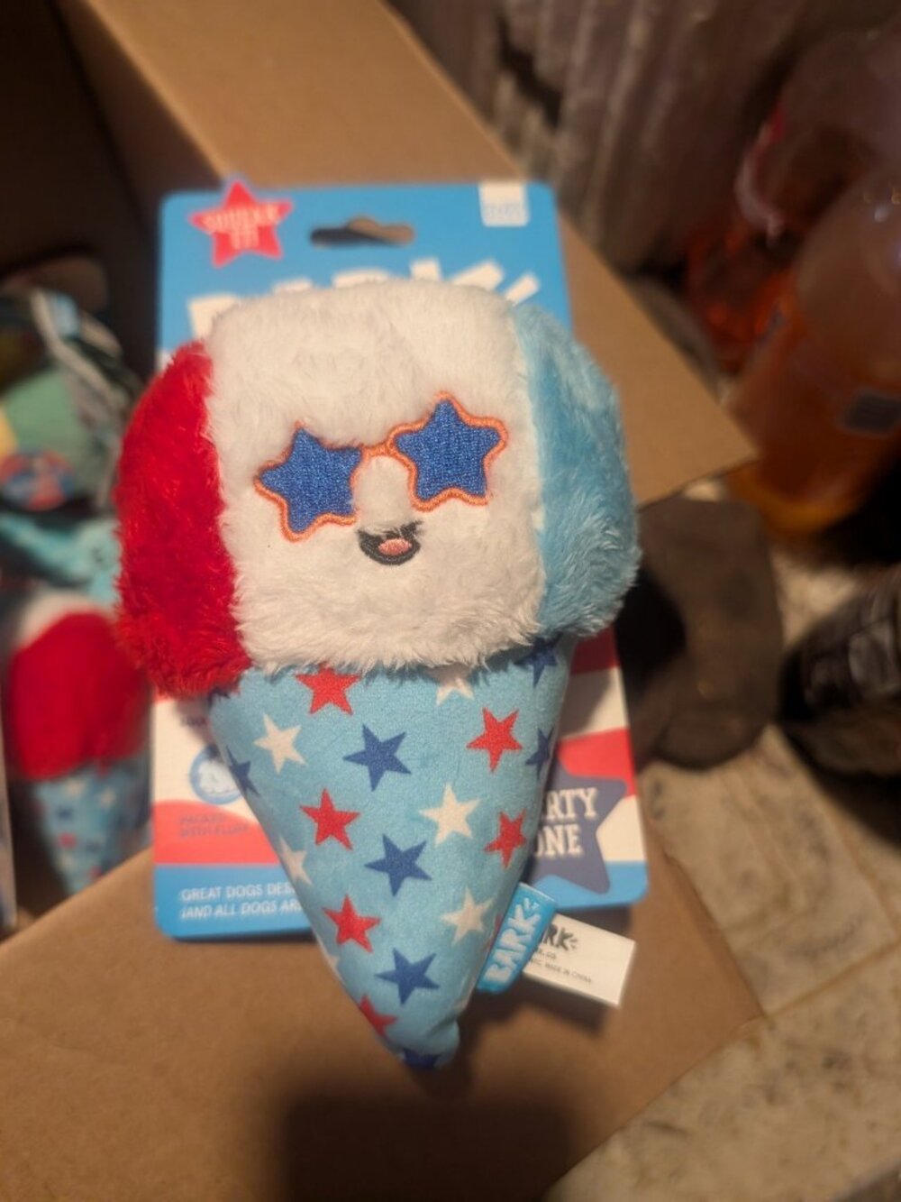 BarkBox BARK Firecracker Ice Cream Cone Squeaky Plush Dog Toy Red White Blue New